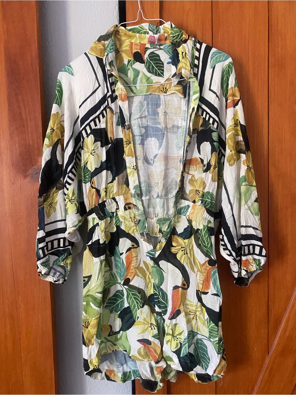 FARM RIO Toucan Print Romper in White, Yellow & Green - Picture 2 of 5